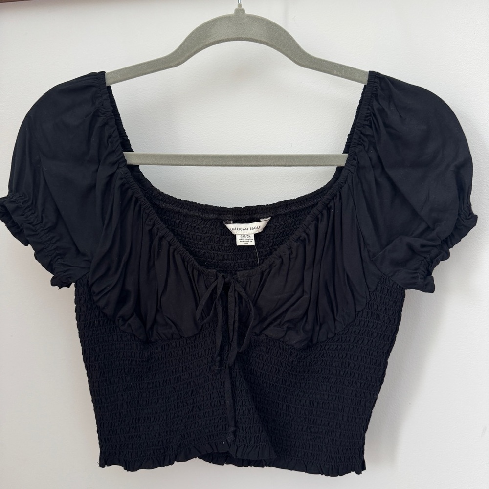 American Eagle - Black Smocked Puff Sleeve Top